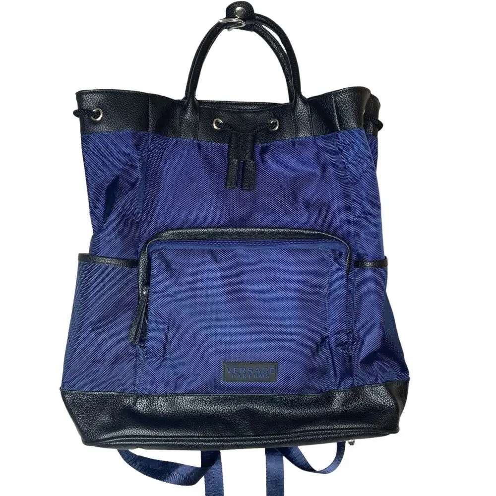 Versace Parfums Mens Back Pack Blue Nylon Leather New COA